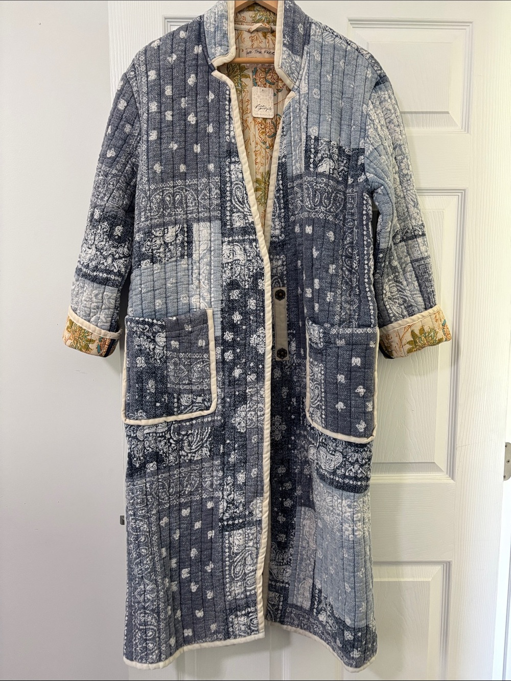 Free People wildflower Quilted Patchwork coat in Blue & Cream